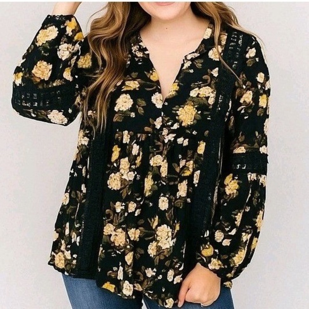 American Eagle Floral Babydoll Top Womens Small Black V-Neck Cottagecore Boho